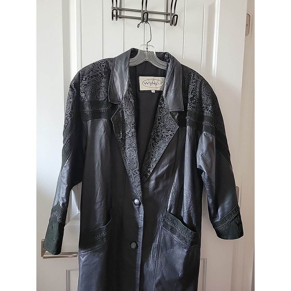 Vintage Winlit Leather Trench Coat Womens Large Black Paisley Embossed 80s 90s - Picture 2 of 13